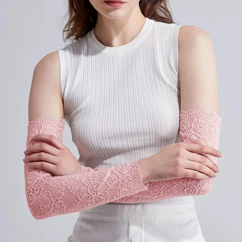 Women's 1 Pink Fingerless Lace Arm Sleeves Gloves Wedding Dress Party Prom